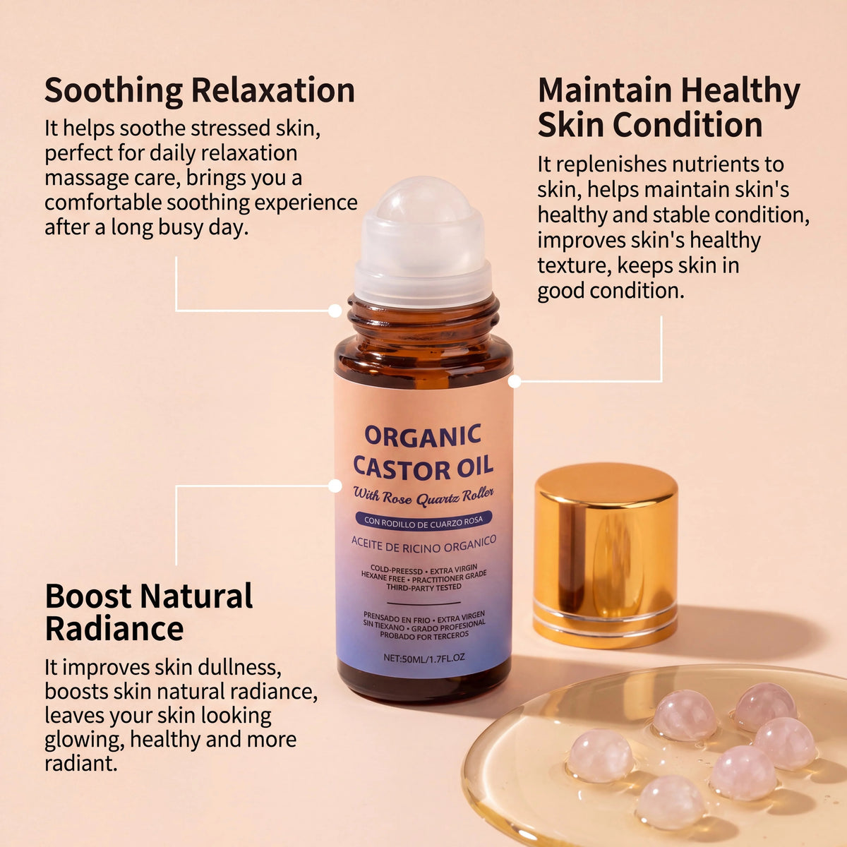 Organic Golden Castor Oil Roll-On with Rose Quartz