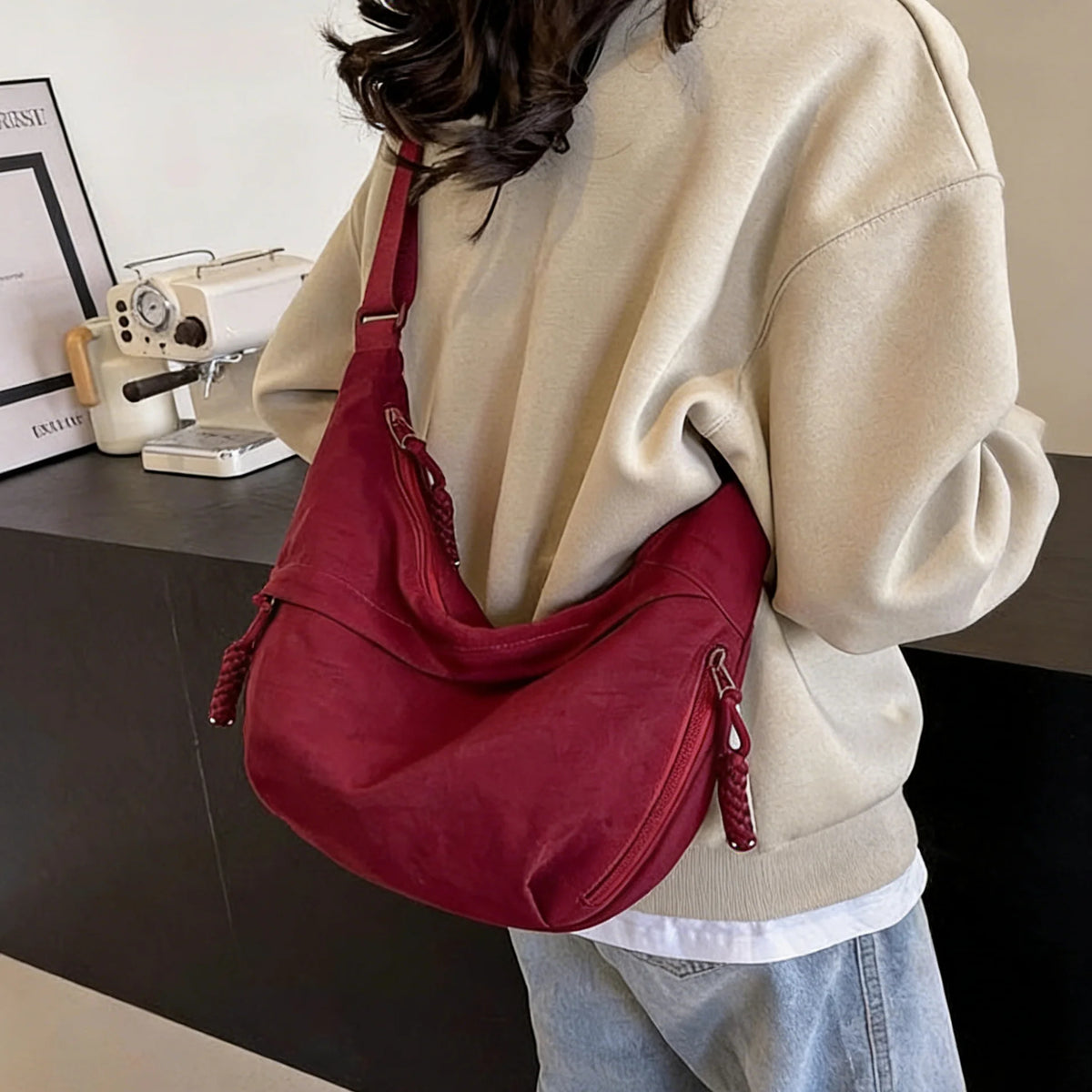 Plain Color Nylon Crossbody Hobo Bag